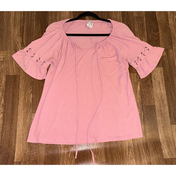 NAIF Tops - Naif Pink Lace Up Sleeve Bardot Off Shoulder Blouse Top Size L